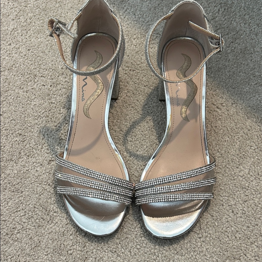 Women's Silver Ankle-Strap Block Heel Sandals